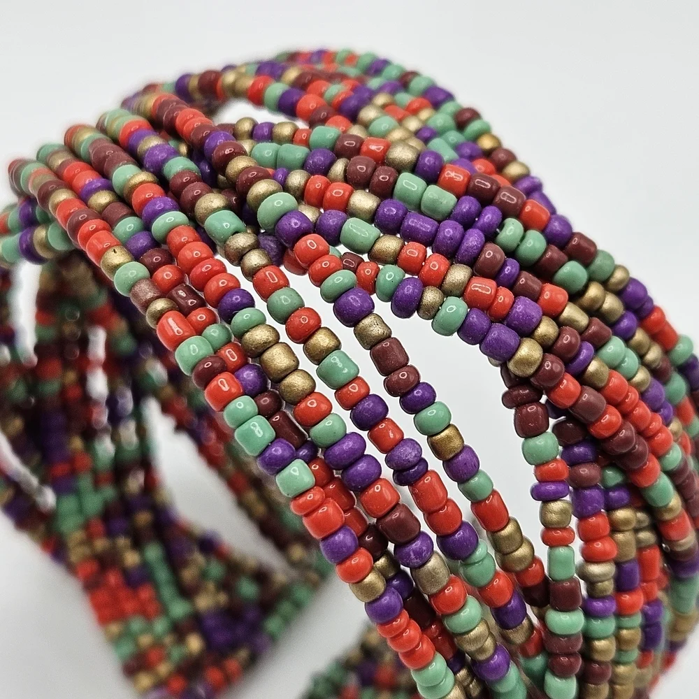VINTAGE Woven Braided Multicolor Glass Seed Bead Boho Memory Wire Cuff Bracelet
